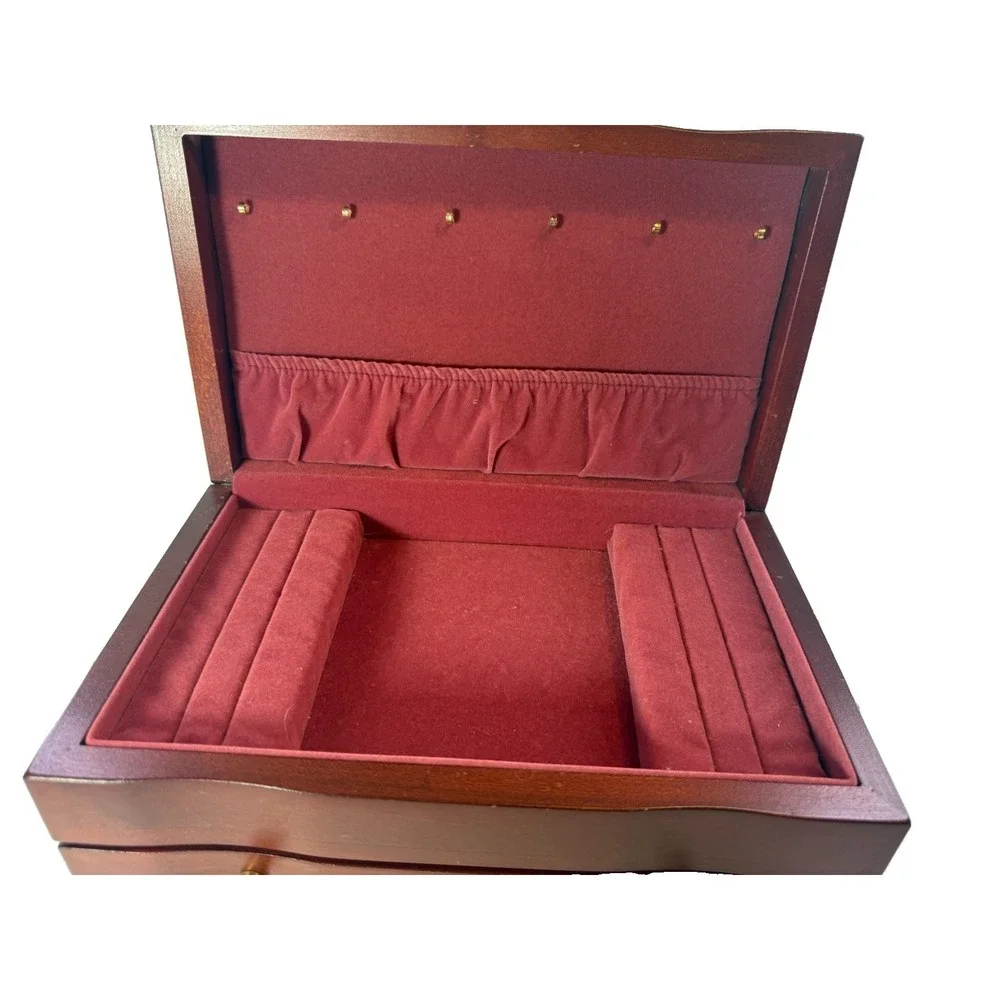 Reed & Barton Eureka Wood Jewelry Box Chest W/Drawer Burgundy Velvet Interior
